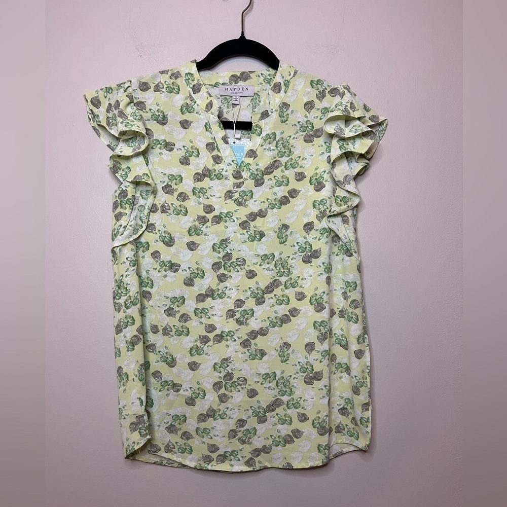 Hayden Ruffled Split Neck Green Floral Women's Top Size S